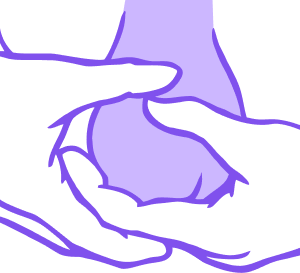 Two hands performing testicular cancer screen from bottom